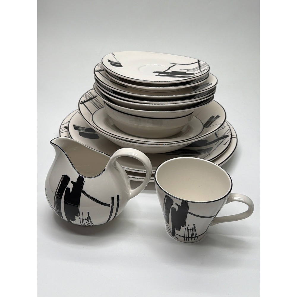 Sango Larry Laslo Calligraphy‎ Dinnerware Set 1986 Vintage Black White 13 Piece